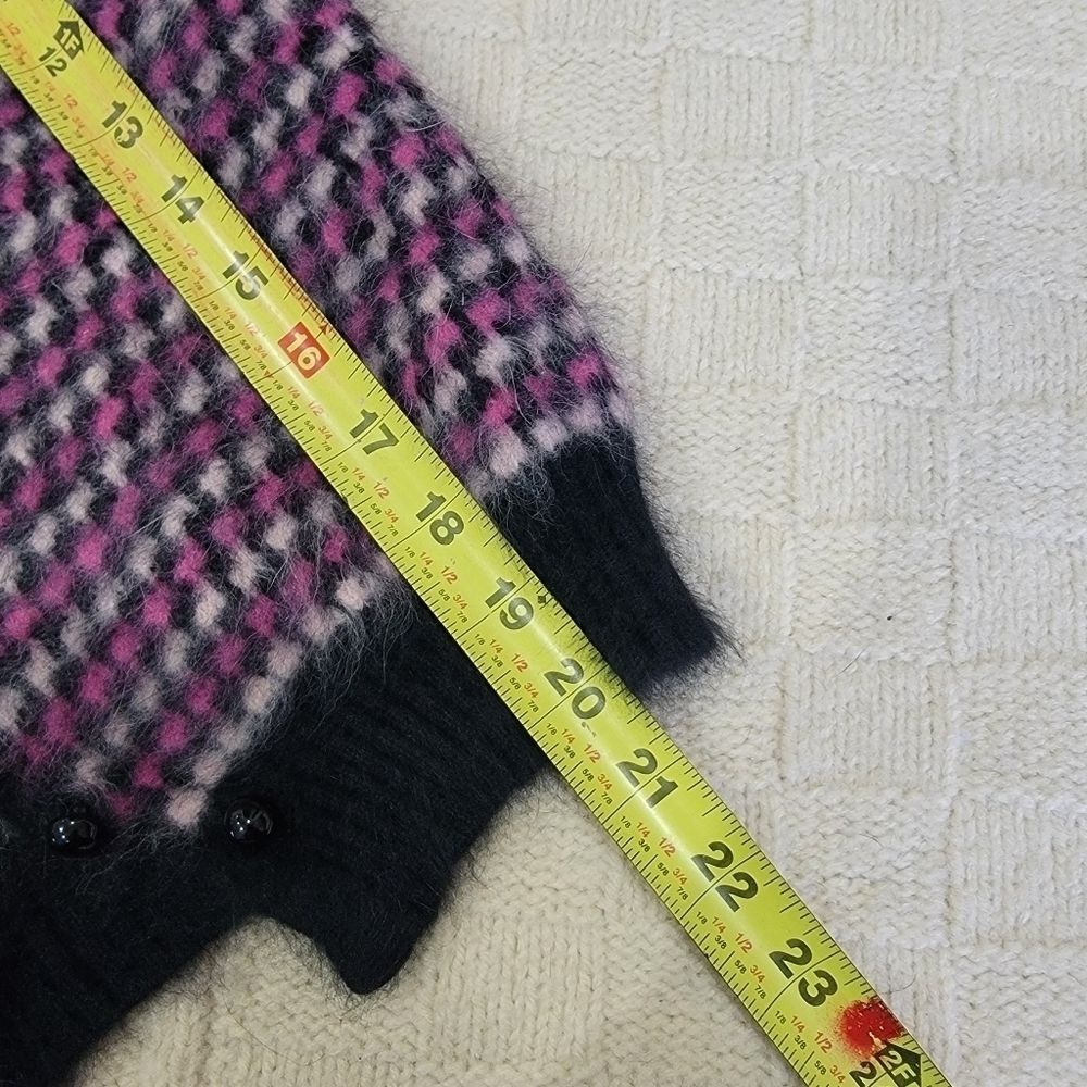 VINTAGE Annapurna Angora Wool Blend Cardigan size S Black Pink Print Italian - Picture 6 of 7